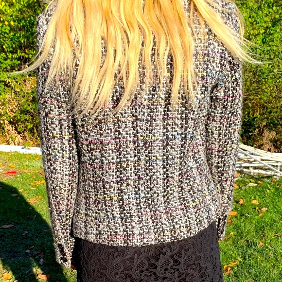 Black wool tweed blazer with fringes at collar trim line & outer pockets US 10 - Picture 11 of 16